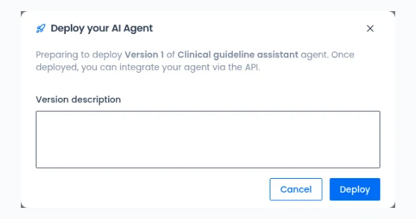 First deployment dialog with an optional version description