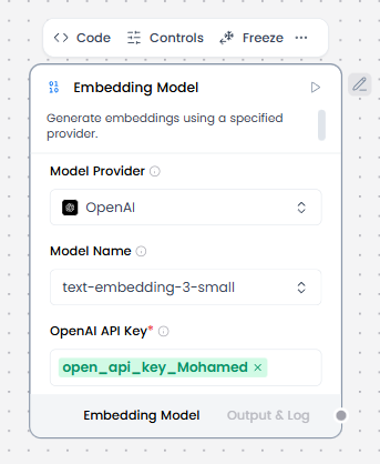 Embedding Model component controls