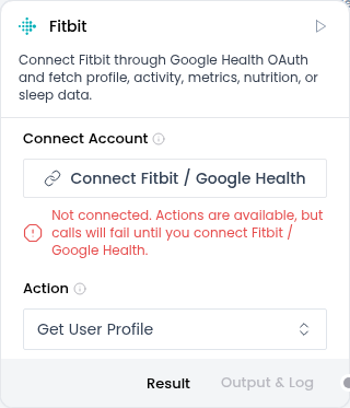 Fitbit node in a disconnected state with Connect Account and its connection warning
