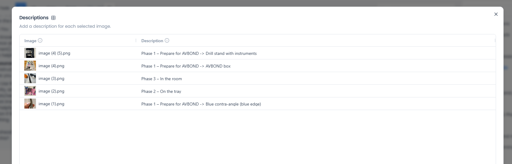 Image Knowledge Base descriptions table with thumbnails, filenames, and descriptions