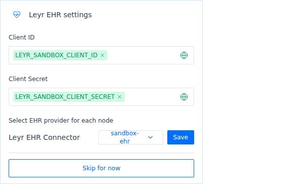 Leyr EHR settings with saved Credentials and a sandbox EHR Provider